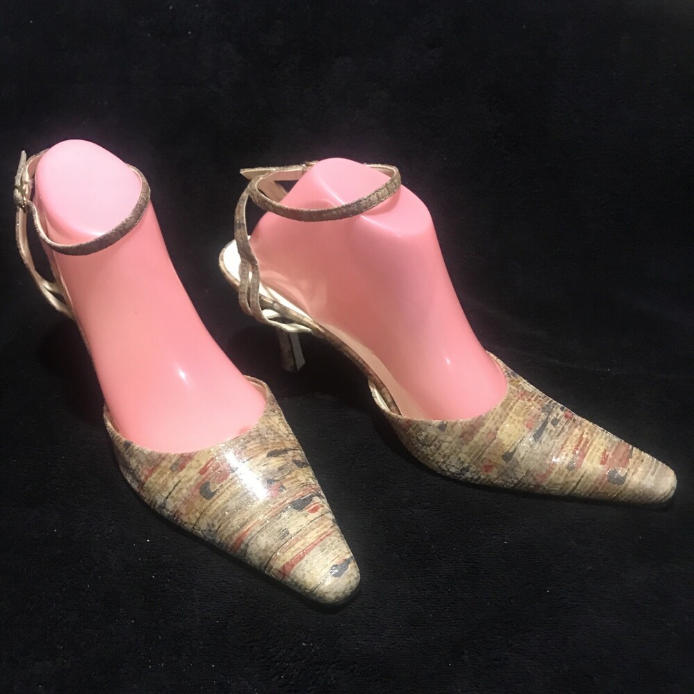J RENEE TAN RED, BLUE & GOLD MULTI COLOR ANKLE STRAP WOMENS HEELS SIZE 9.5M